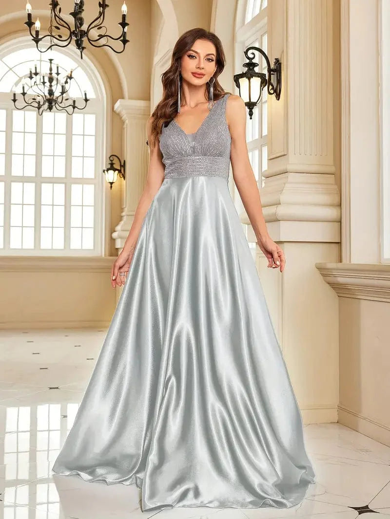Elegant Sequin V Neck Floor Length Party Bridesmaid Wedding Dress