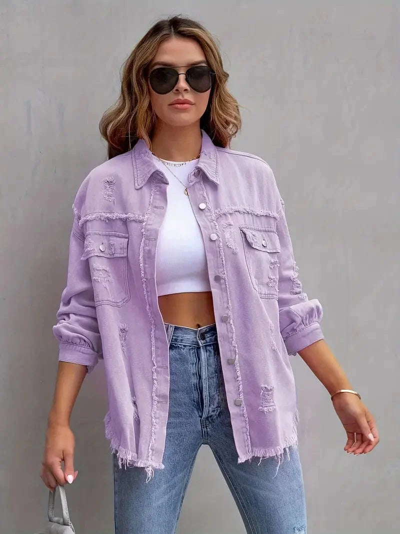 Oversized Distressed Denim Jacket with Flap Pockets & Button Closure