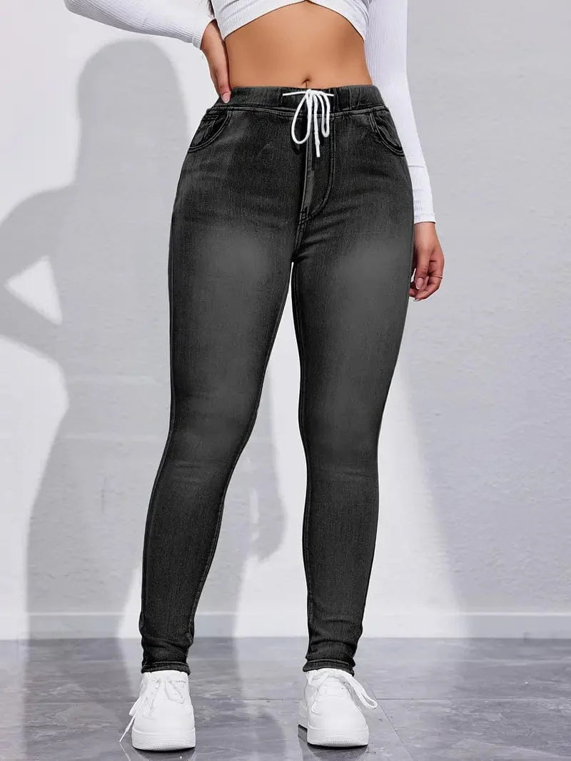 Slim Fit Drawstring Denim Jeans with Elastic Waist for Women