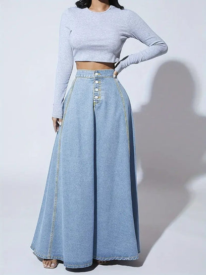 Single-Breasted Plain Maix Flare Denim Skirt, High Rise Washed Blue Retro Denim Skirt, and Women's Denim Jeans & Clothing
