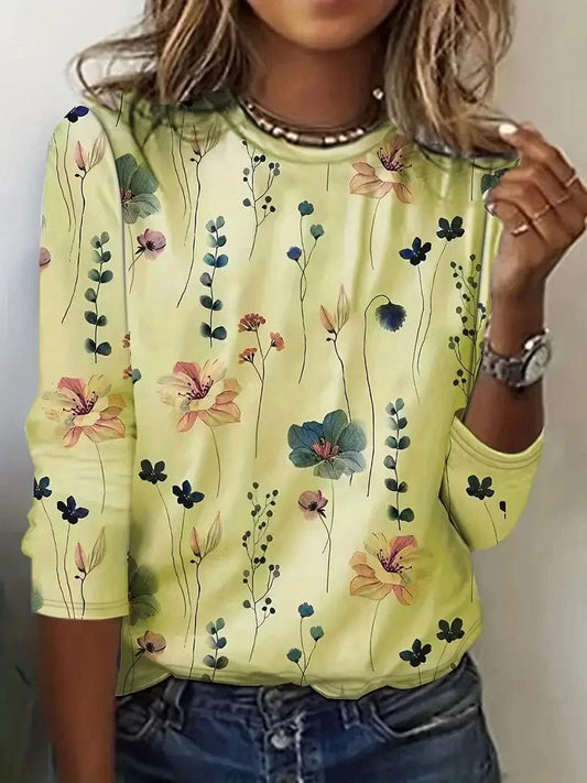 Flowery Pattern Round Neck Tee, Relaxed Fit Top for Spring & Autumn, Women's Fashion