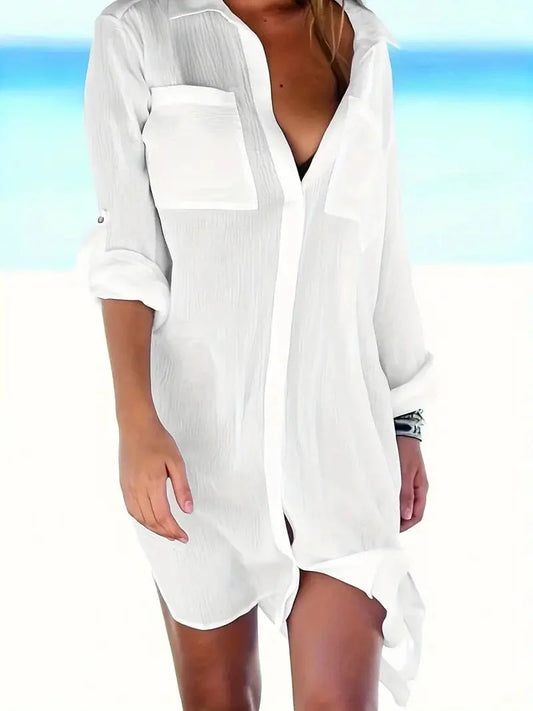 Pocketed Lapel Cover Up Beach Shirt for Women's Swimwear & Clothing