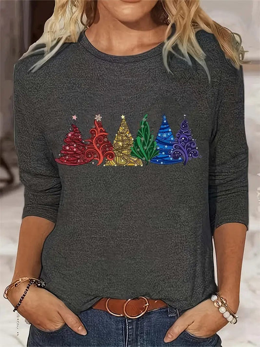 Festive Christmas Tree Print Women's Crew Neck T-Shirt, Long Sleeve Casual Top for Spring & Fall