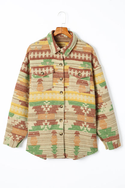 Yellow Western Aztec Print Button Flap Pocket Shacket