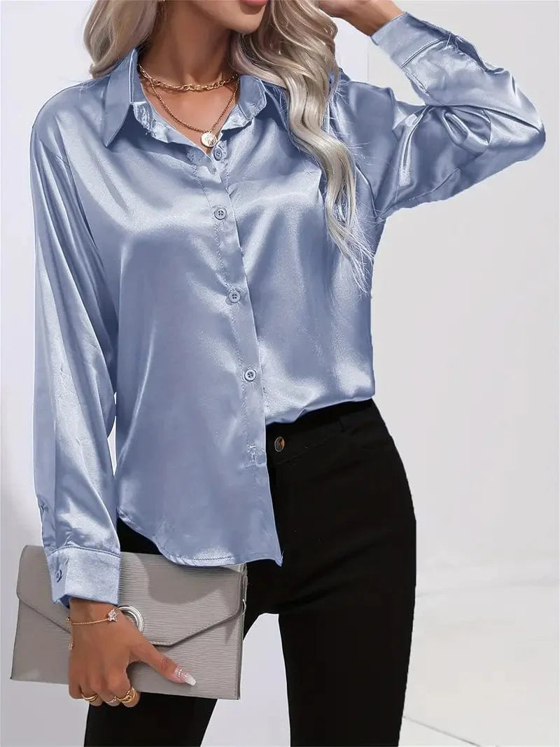 Smooth Solid Long Sleeve Shirt with Button Front and Turn Down Collar, Women's Clothing