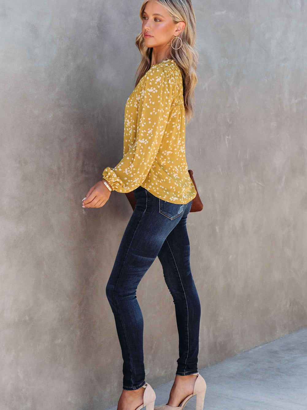 Yellow Floral V-Neck Crinkled Blouse for Early Fall