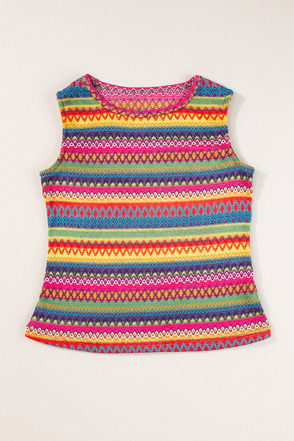 Yellow Ethnic Wavy Pattern Round Neck Sleeveless Top