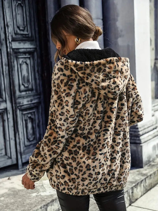 Leopard Print Hooded Teddy Coat with Zipper Closure, Stylish Long Sleeve Thermal Jacket For Autumn & Winter, Women's Fashion