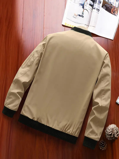 Men's Polyester Bomber Jacket with Rib-Knit Details