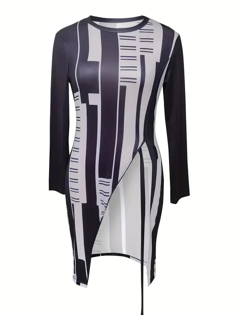 Stylish Geometric Print Split Hem Top for Spring & Fall, Women's Fashion Choice