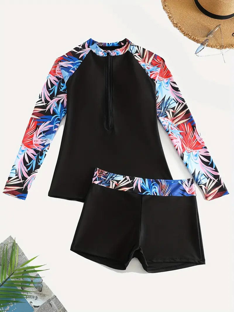 Weatherproof Floral Print Rash Guard 2-Piece Swim Set for Women, Quick-Dry Patchwork Top & Bottoms for Sun Protection and Water Sports
