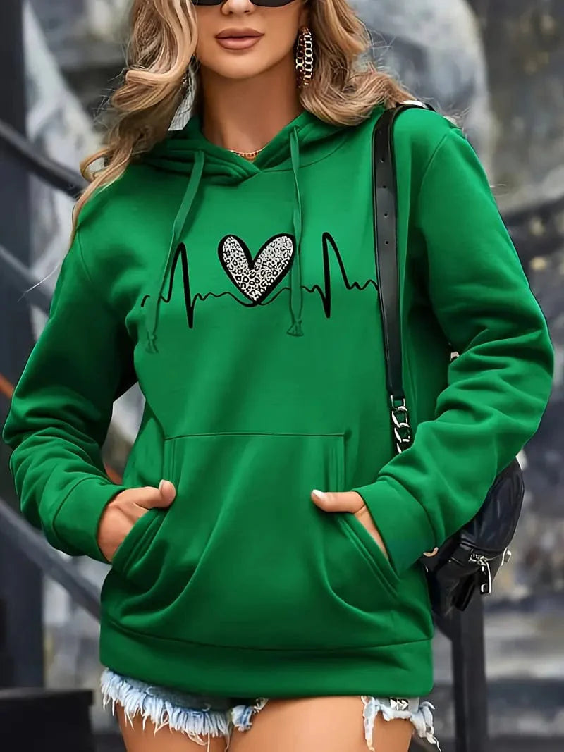 Leopard Heart Print Hooded Sweatshirt with Drawstring, Casual Long Sleeve Drop Shoulder Pullover, Women's Apparel