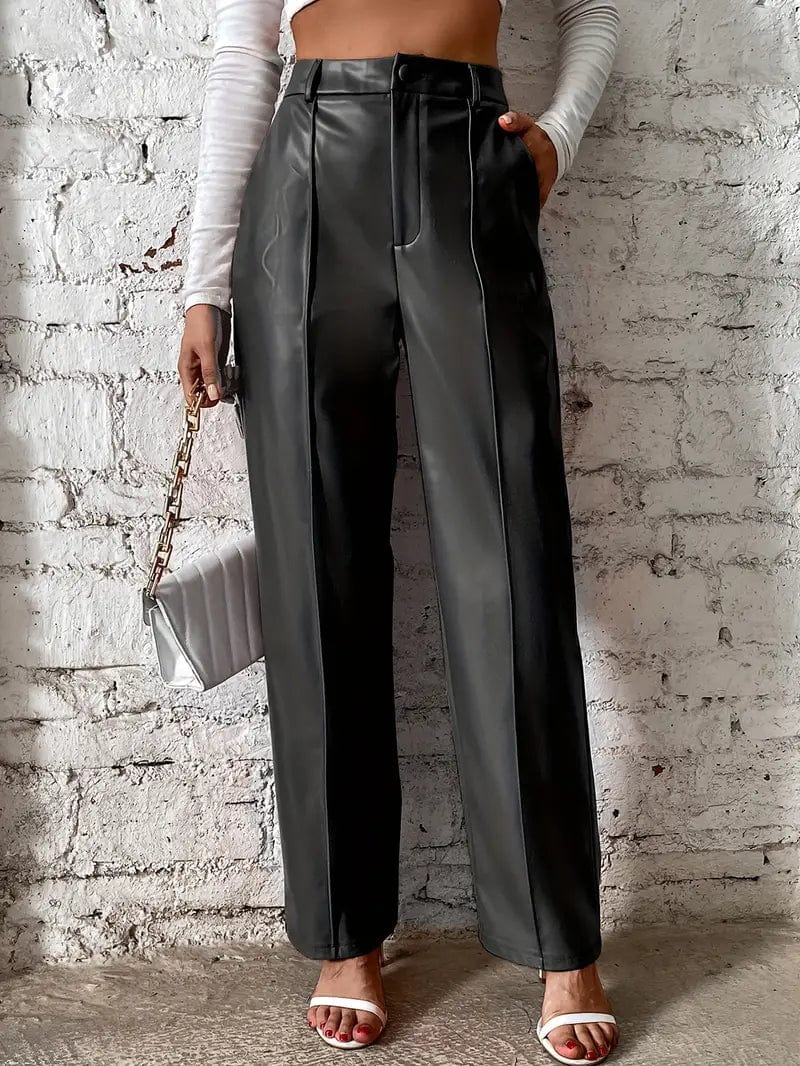 Faux Leather High Waisted Pants with Pockets for Women