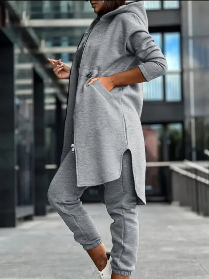 Solid Casual Two-piece Set with Zippered Mid-Length Hooded Jacket & Long Jogger Pants, Women's Outfit