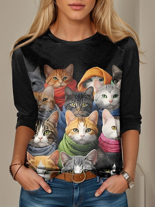 3D Black and Gray Cat Print Women's Long Sleeve T-shirt