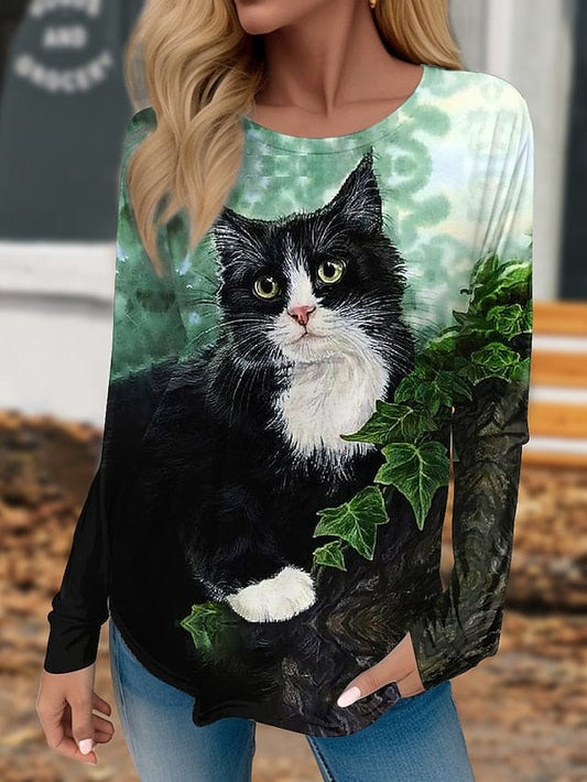 3D Cat Print Long Sleeve T-Shirt for Women