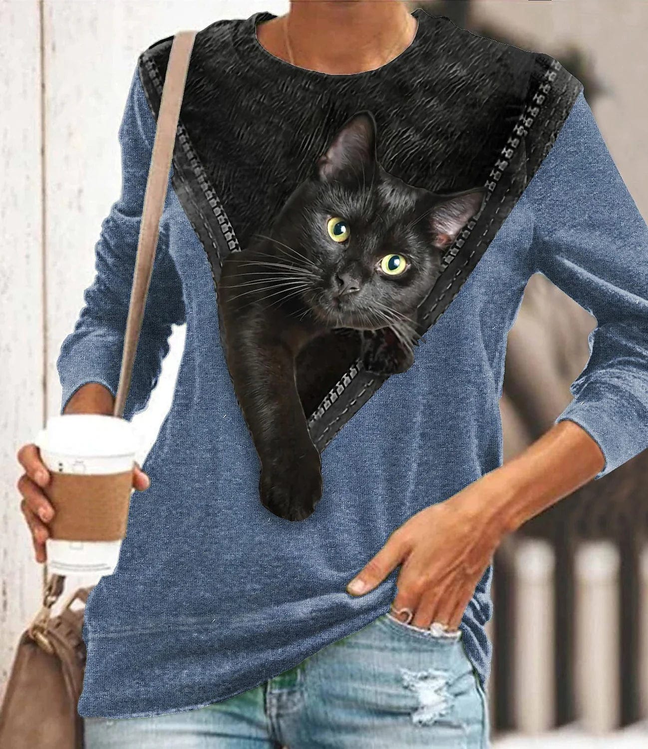 3D Cat Print Long Sleeve Women's T-shirt Tee