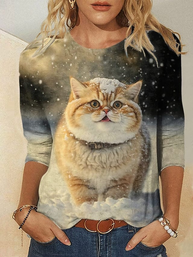 3D Cat Print Women's Long Sleeve T-Shirt for Spring and Fall