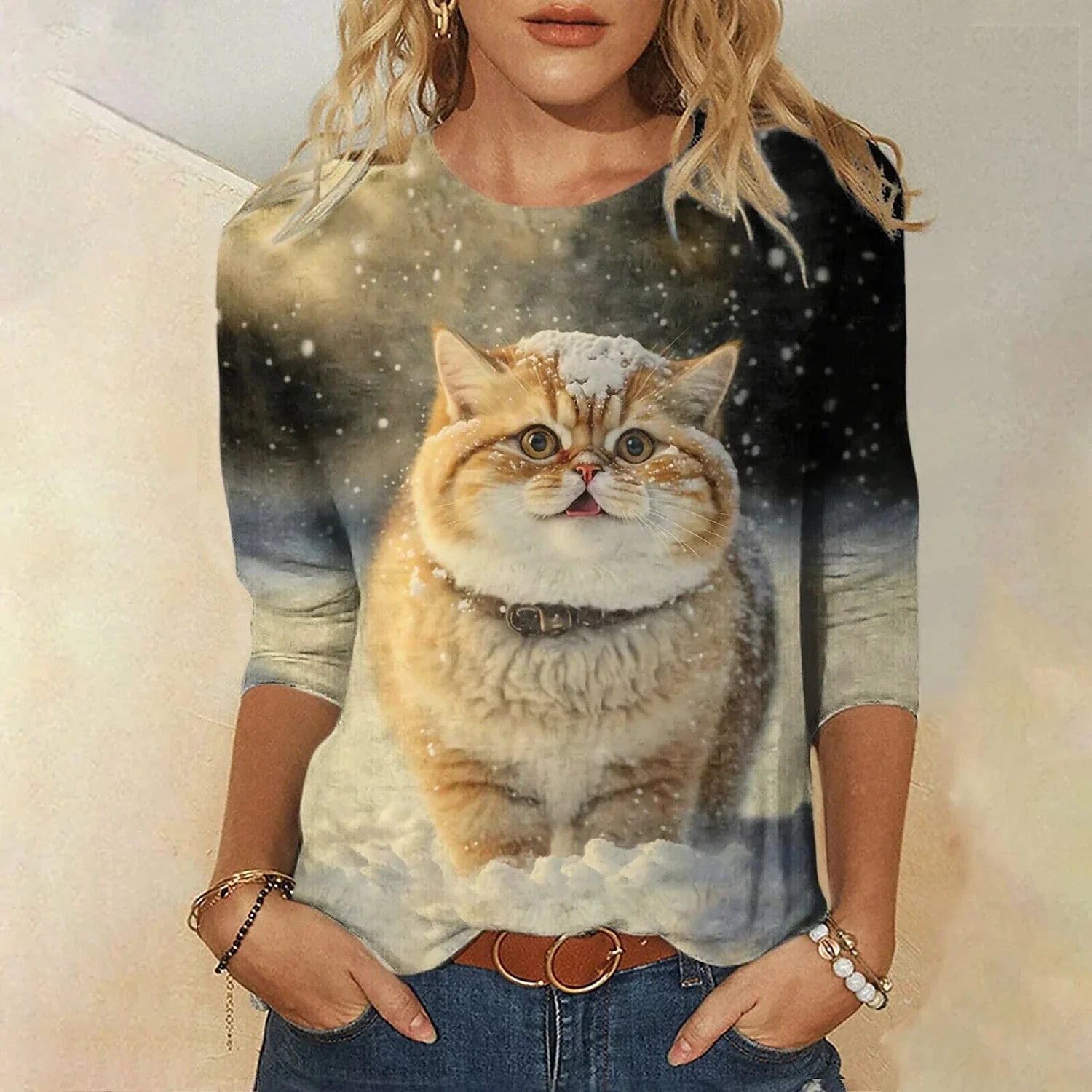 3D Cat Print Women's Long Sleeve T-Shirt for Spring and Fall