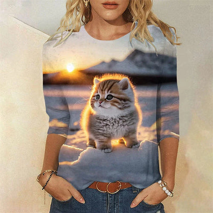 3D Cat Print Women's Long Sleeve T-Shirt for Spring and Fall