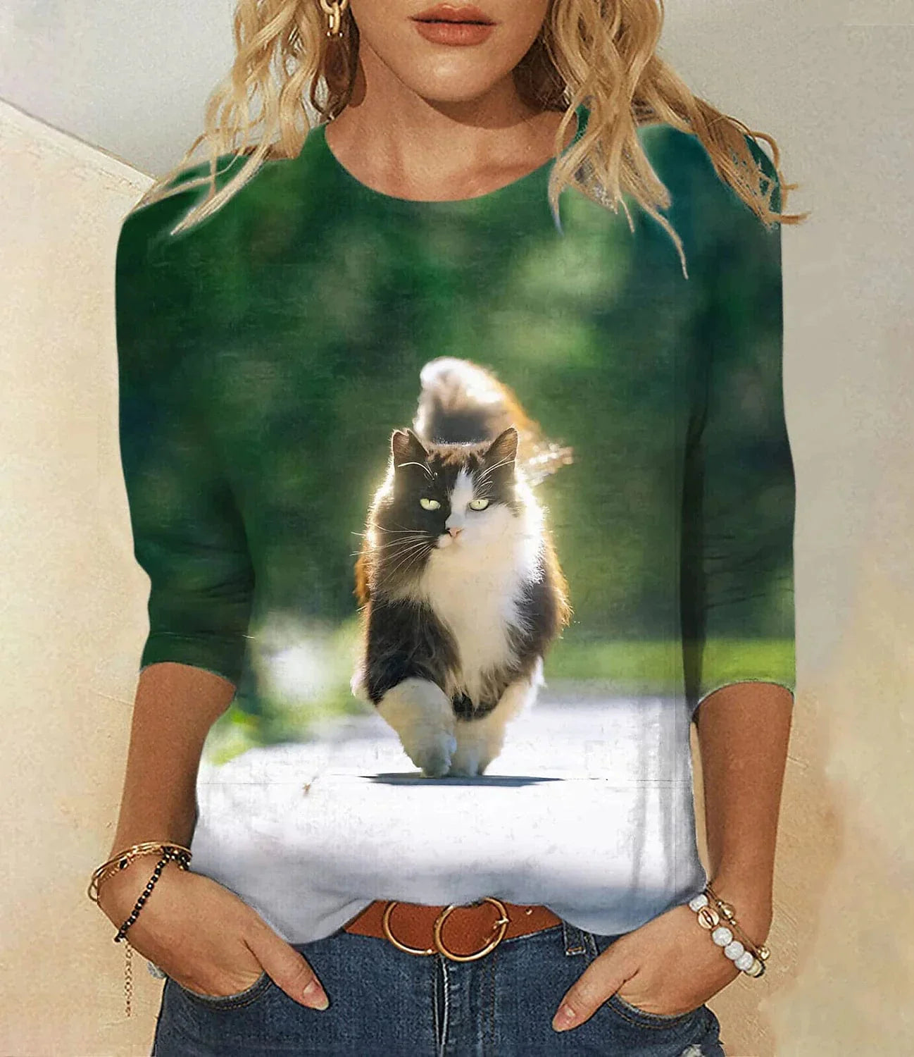 3D Cat Print Women's Long Sleeve T-Shirt for Spring and Fall