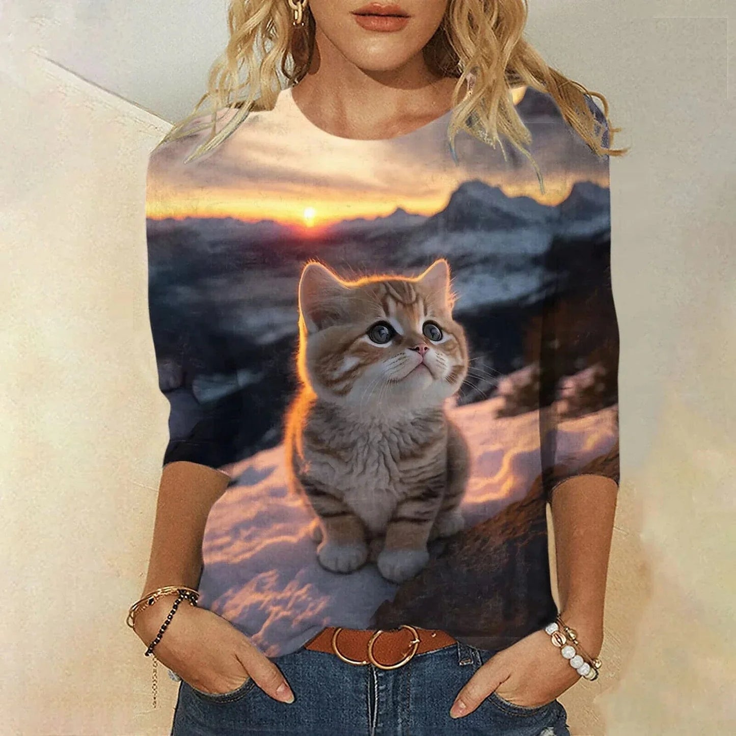 3D Cat Print Women's Long Sleeve T-Shirt for Spring and Fall