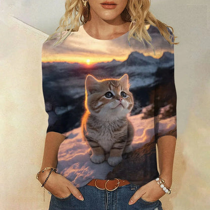 3D Cat Print Women's Long Sleeve T-Shirt for Spring and Fall