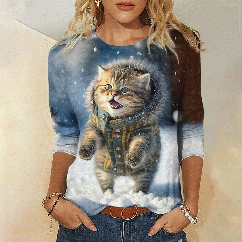 3D Cat Print Women's Long Sleeve T-Shirt for Spring and Fall