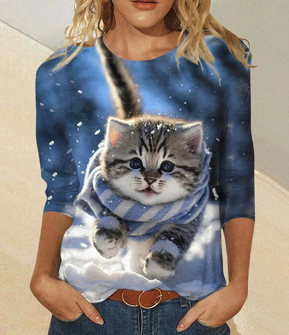 3D Cat Print Women's Long Sleeve T-Shirt for Spring and Fall