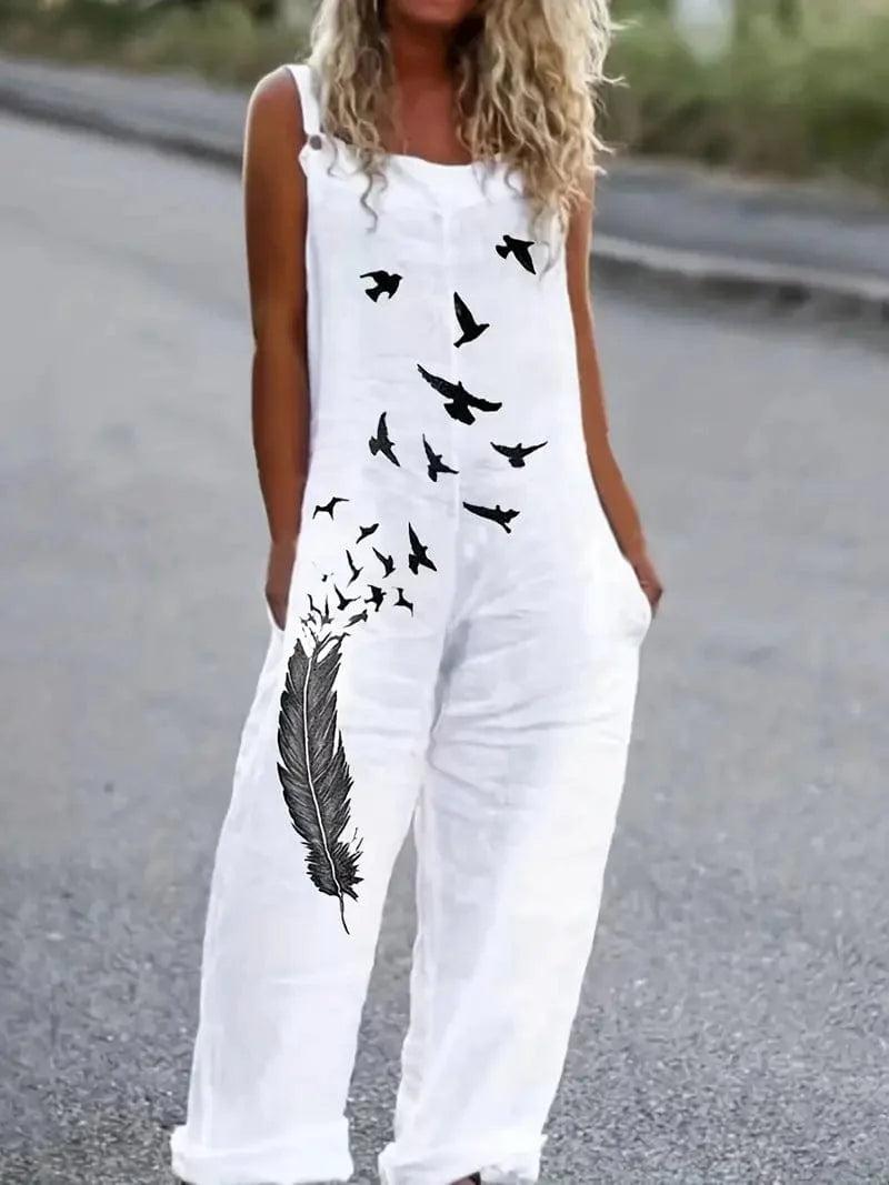 Feather Print Sleeveless Jumpsuit with Wide Legs, Stylish Women's Apparel