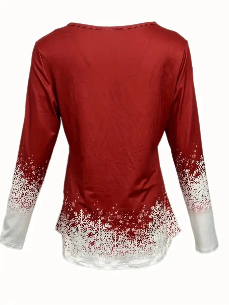 Festive V Neck T-Shirt with Christmas Graphics, Stylish Long Sleeve Top Perfect for Spring & Fall, Women's Wardrobe Addition