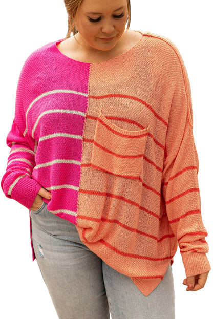 Yellow Striped Patchwork Knit Sweater for Plus Size Women