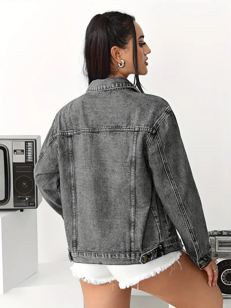 Stylish Lapel Denim Jacket with Single Flap Pocket and Button Closure, Women's Casual Outerwear