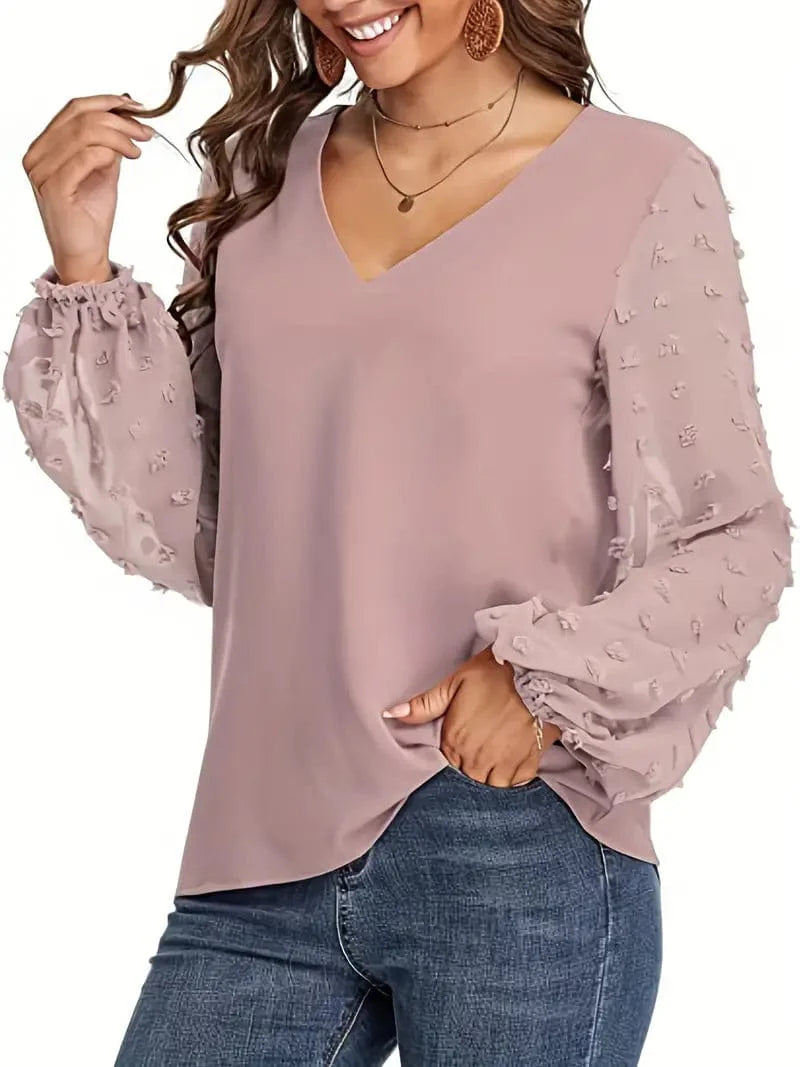 Swiss Dot Sleeve Shirt, Solid V Neck Casual Top for Spring & Autumn, Women's Apparel