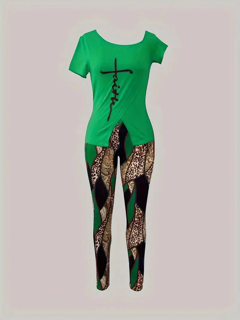 Faith Print Casual Two-piece Set with Geo Print Slim Pants Outfits for Women