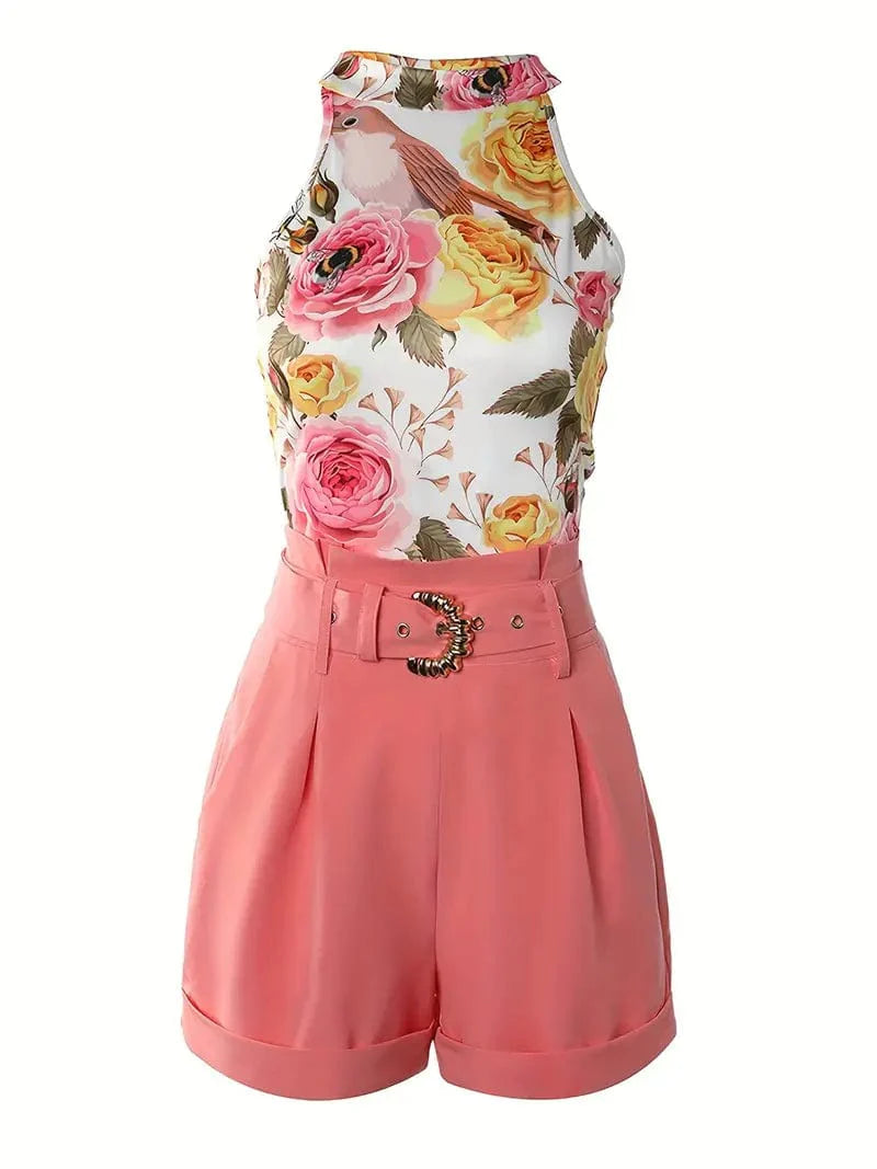 Floral Print Tank Top and Shorts Set with Belt - Women's Casual Outfit