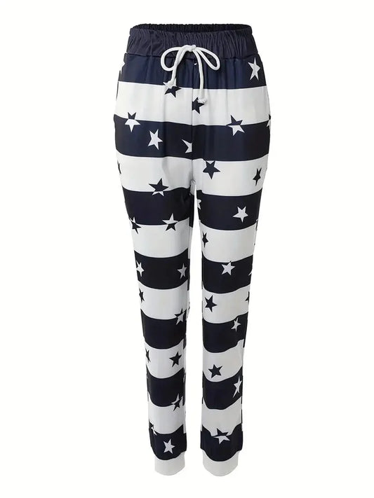 Striped & Star Printed Drawstring Trousers for Spring & Summer, Women's Apparel