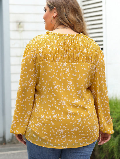 Yellow Plus Size Floral Print Ruched Split Neck Blouse