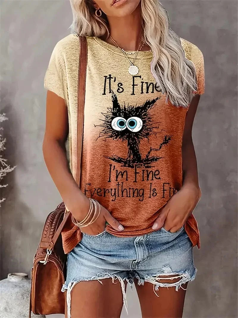 Letter & Cat Print Crew Neck Short Sleeve T-Shirt, Casual Every Day Tops for Women