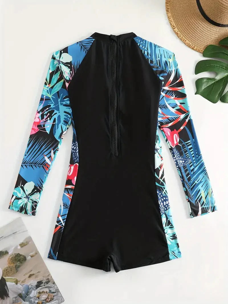 Floral Butterfly Print Long Sleeve Zip Back Rash Guard Swimsuit for Women