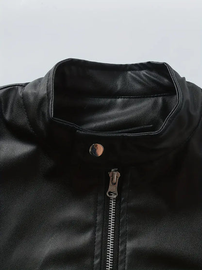 Men's Stand Collar PU Leather Zipper Cardigan Motorcycle Jacket Coat