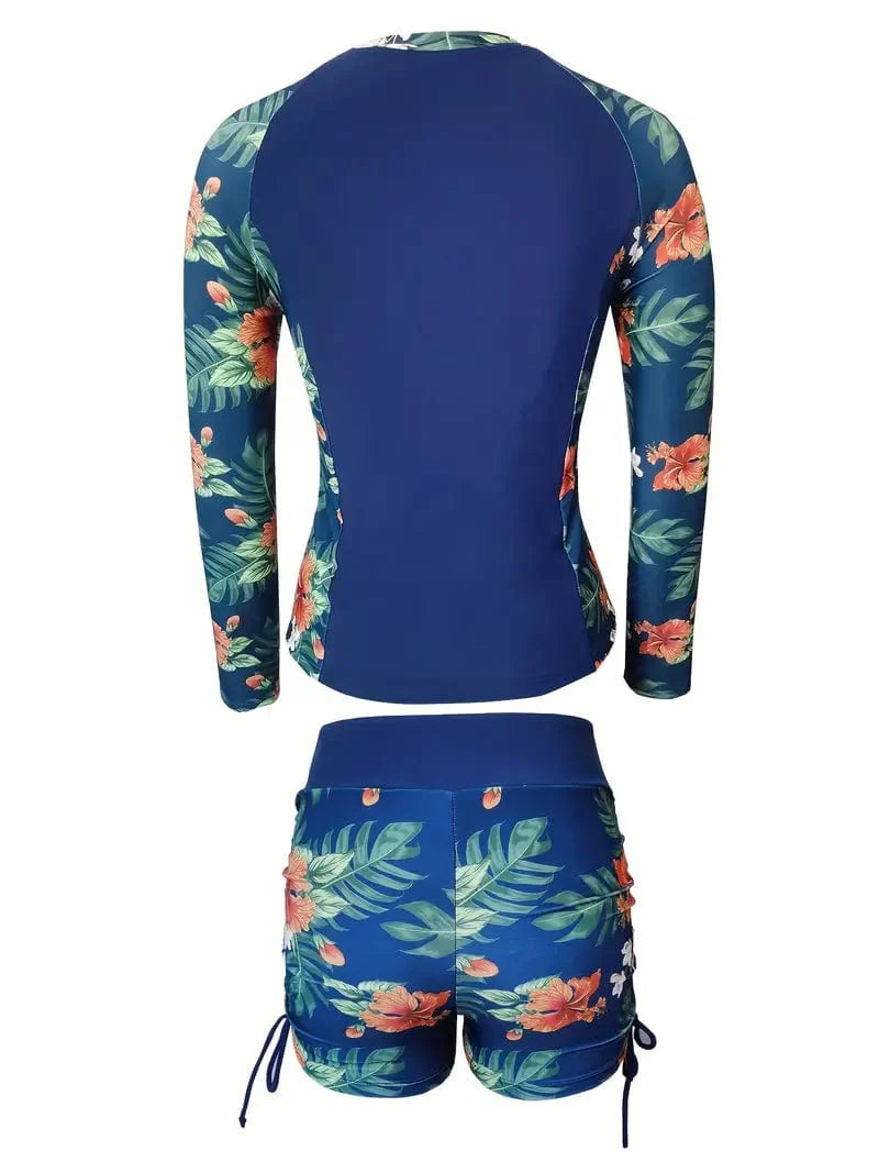 Nautical Navy Blue Tropical Print Swim Set with Sun Protection for Women
