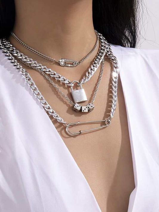 Necklaces - 4pcs Lock & Safety Pin Pendant Necklace - MsDressly