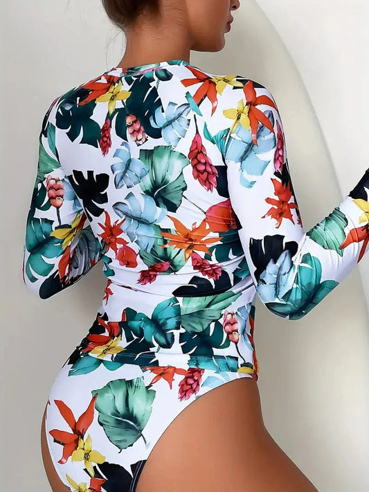 Tropical Print Long Sleeve Crew Neck 2 Piece Swimsuits and Low Waist Stylish Beachwear for Women