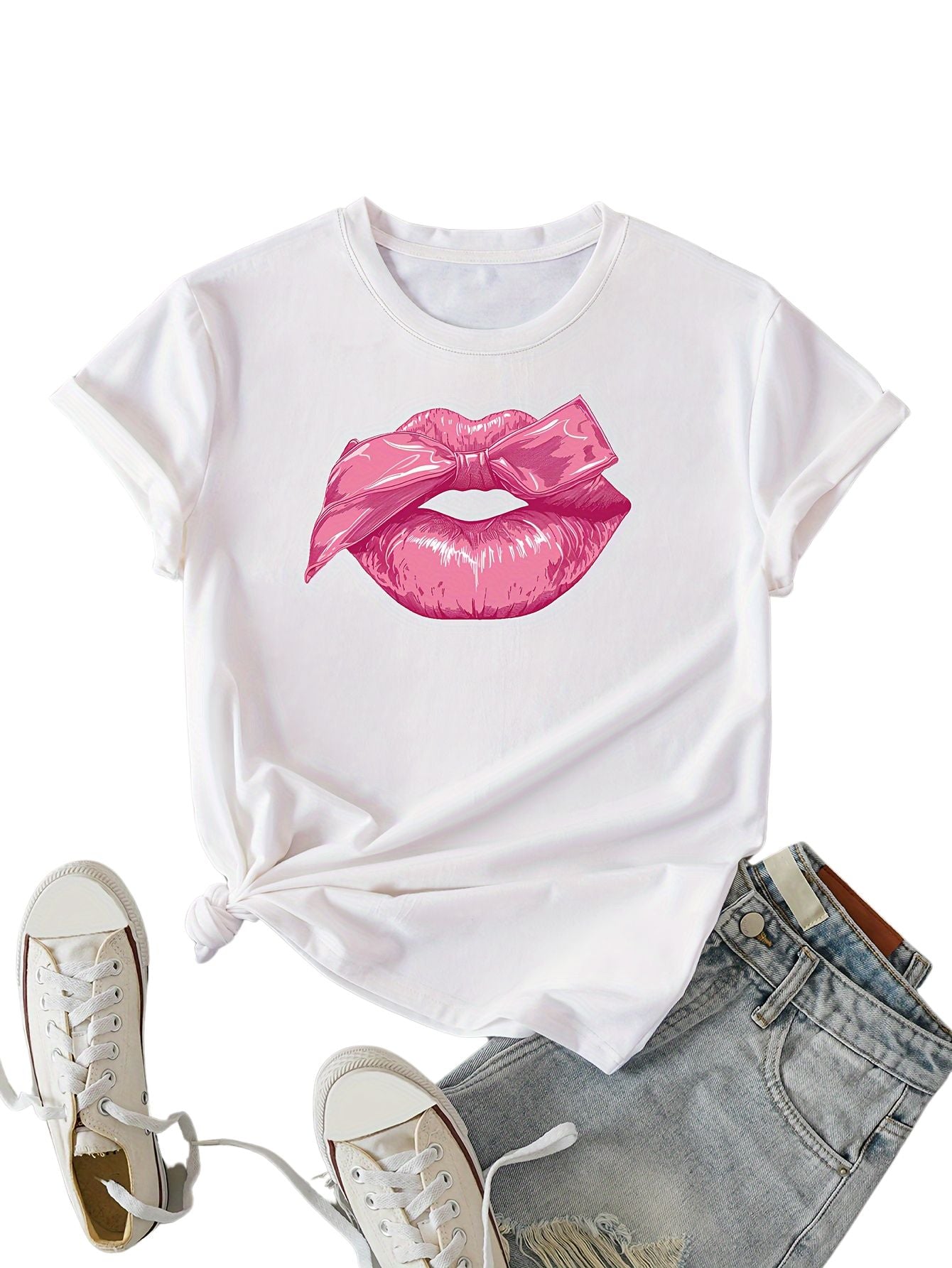 Lips Print T-shirt, Short Sleeve Crew Neck Casual Top For Summer & Spring, Women's Clothing