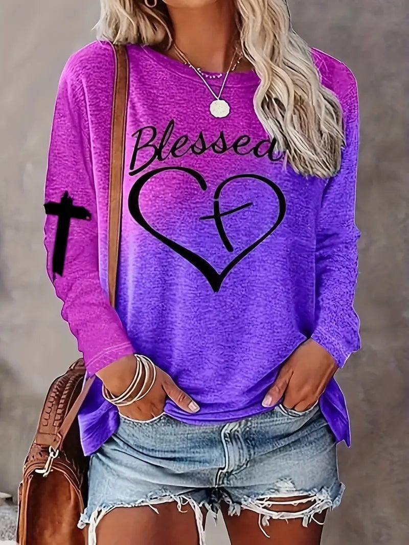 Heart & Letter Graphic Tee, Stylish Long Sleeve Crew Neck Shirt for Spring & Summer, Women's Apparel