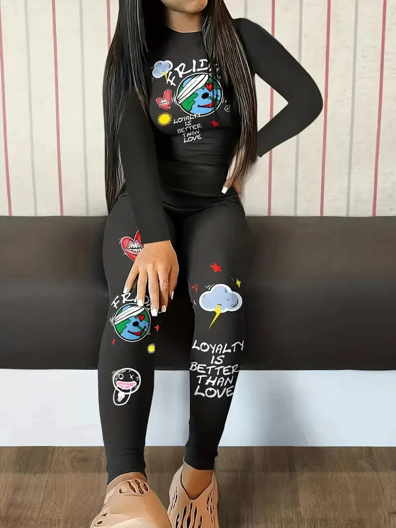 Graffiti Print 2-Piece Casual Set with Crew Neck Long Sleeve Tops and High Waist Long Length Pants for Women