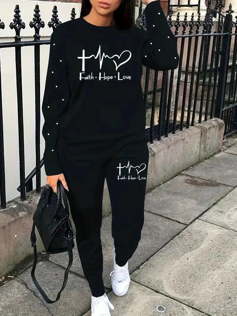 Graphic and Letter Printed Two-piece Set, Cozy Long Sleeve Sweater and Sweatpants Ensemble, Women's Attire
