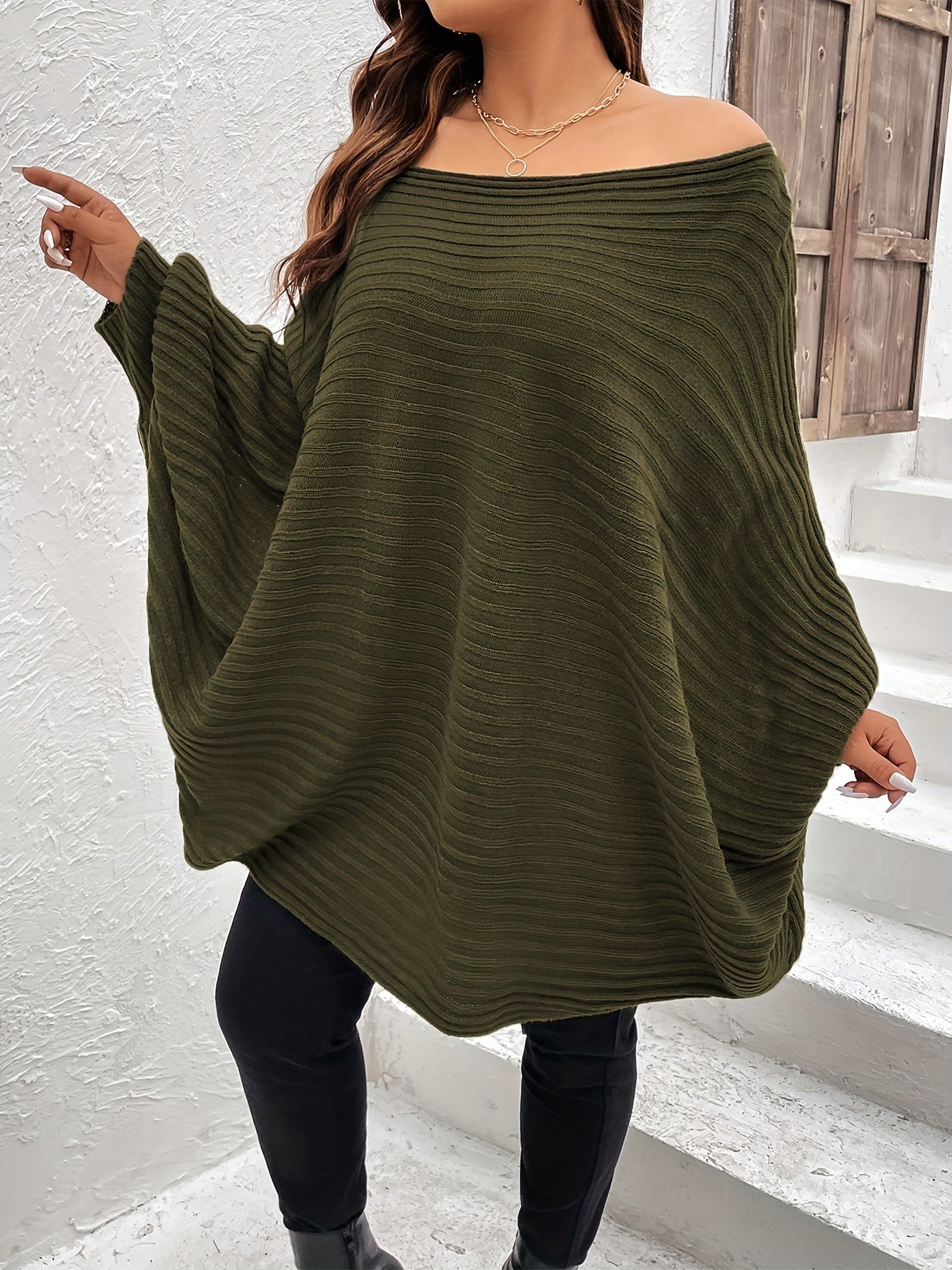 Rib Knit Off Shoulder Batwing Sleeve Sweater for Plus Size Women