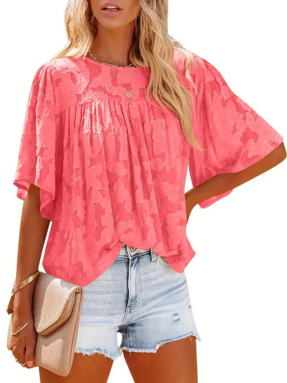 Everyday Casual Lace Blouse with Flare Sleeves and Crew Neck